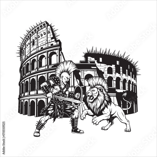 Vector art of punk gladiator fighting lion in coliseum
