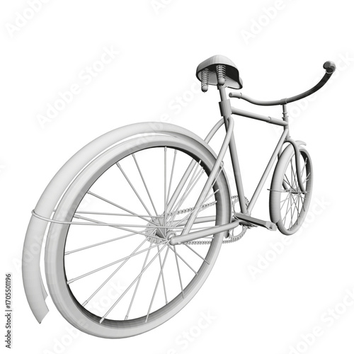Polygonal white bicycle with black seat and curved handlebars against a clean white background, featuring pedals and thick knobby tires.