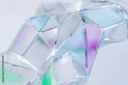 Colorful 3D geometric glass sculpture with abstract shapes