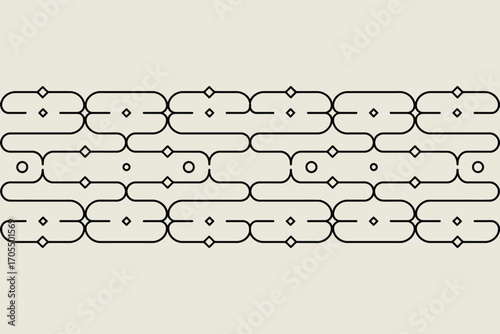 Repeating pattern of interconnected shapes with diamonds and circles on a light background surface