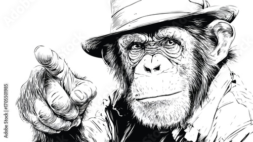 Clever Monkey in Stylish Hat Pointing Finger - Black and White Vector Illustration