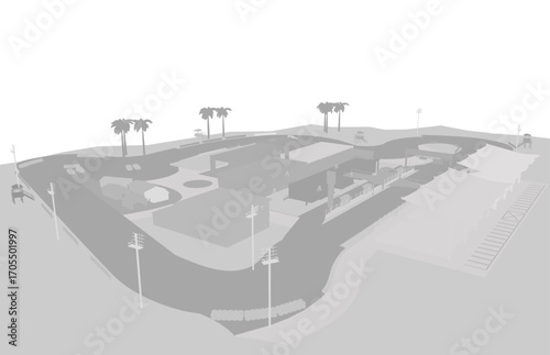 Aerial view of a race track landscape with palm trees, buildings, and poles in black and white silhouette.