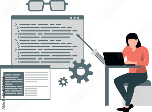A girl is working on laptop about setting