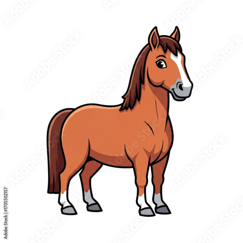 Cute cartoon brown horse standing on white background.