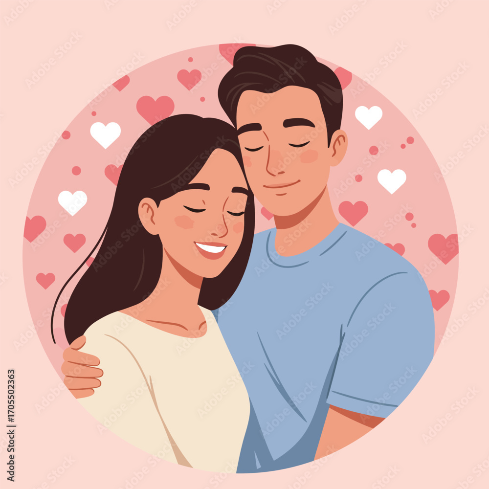 Obraz premium Happy romantic couple in love smiling and hugging together, vector illustration