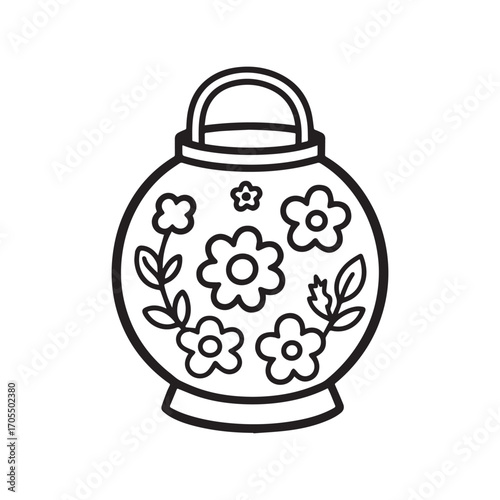 Round Lantern with Floral Patterns and Handle Silhouette on white Background.