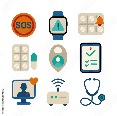 Set of 9 flat design healthcare icons. Includes SOS button, smartwatch alert, pill blister, medication reminder, telemedicine, router, checklist app, locator, and stethoscope