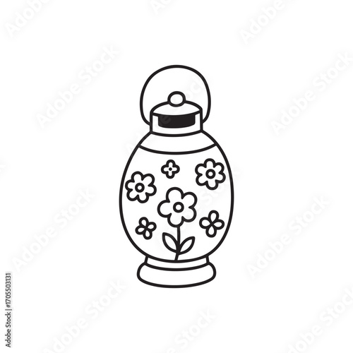 Round Lantern with Floral Patterns and Handle Silhouette on white Background.
