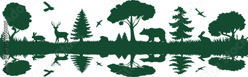 Forest wildlife silhouette with water reflection, deer, bear, rabbit, birds, trees, nature scene, peaceful landscape, woodland animals, outdoor environment vector