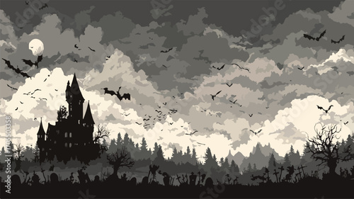 Spooky Seamless Halloween Silhouette Panorama Background