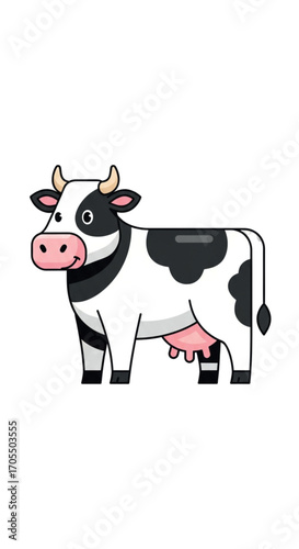 Cute Cartoon Holstein Friesian Cow Standing Side View.