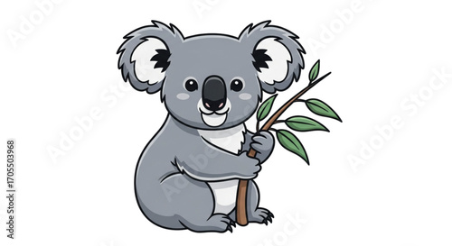 Cute Cartoon Koala Holding Eucalyptus Branch 1.