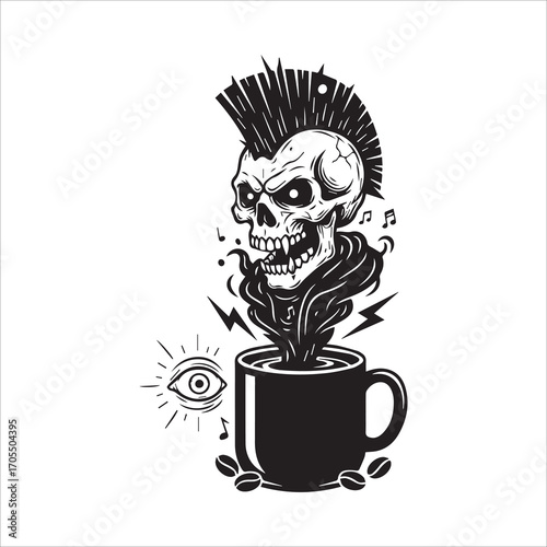 Vector art of skull with mohawk drinking coffee
