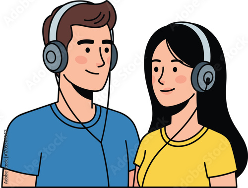 Young man and woman wearing headphones, listening to music together, happy couple enjoying audio, friendship bonding, technology usage, flat vector illustration