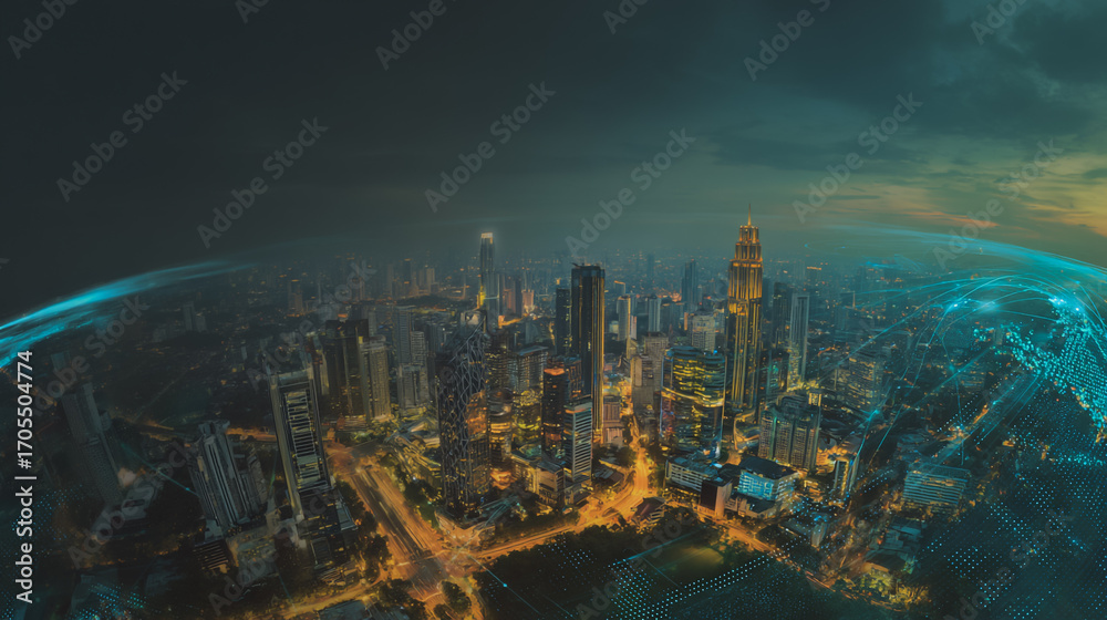 Fototapeta premium Night lights, a city of modern business and smart digital innovation with a network of interconnected rewards over the cityscape of the future smart wireless digital city and social media network that