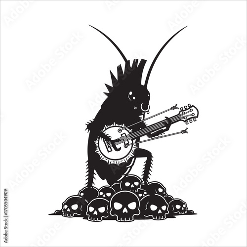 Vector art of cockroach playing banjo on a pile of skulls