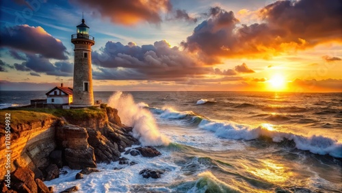 The towering lighthouse stands proudly atop a rugged coastline
