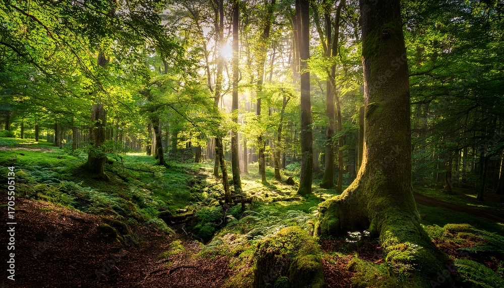 Naklejka premium A Lush Green Forest With A Bright Sun Shining Through The Trees The Sunlight Creates A Warm And Inviting Atmosphere