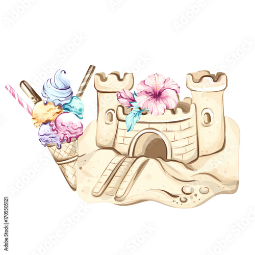Summer delights await with colorful ice cream and a whimsical sandcastle by the beach inviting relaxation and joyful moments under the sun all season long