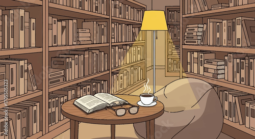 Cozy library reading nook illuminated by a warm lamp, an open book, steaming cup, and spectacles on a table, inviting peaceful moments amidst literary works