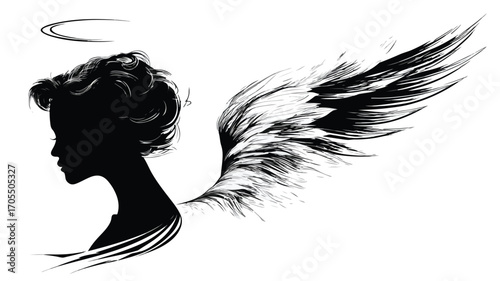 Elegant Silhouette of Angel with Wings and Halo Vector Illustration