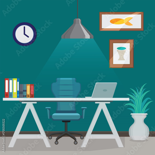 Business space, office, home office, equipment and furniture vector, square size, used for illustration decoration.