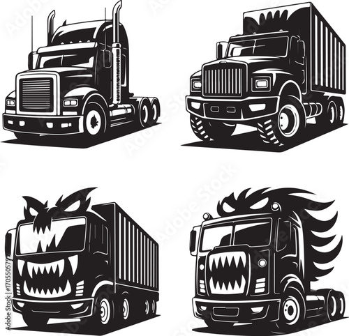 Black and white illustrations of trucks with fierce monster faces beast creature