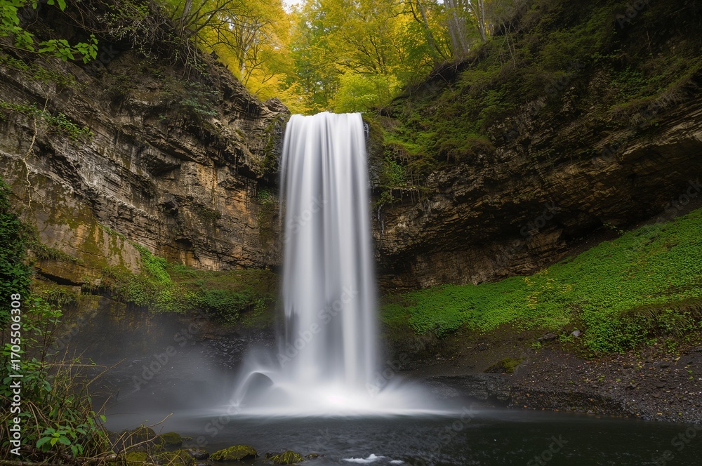 Obraz premium Majestic Waterfall with a Long Exposure in a Lush Green Forest