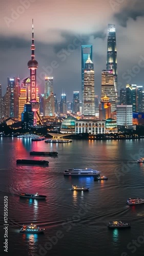 Shanghai, China vertical Aerial Time lapse view at night Pudong skyline, Busy Traffic Huangpu River glowing skyscrapers