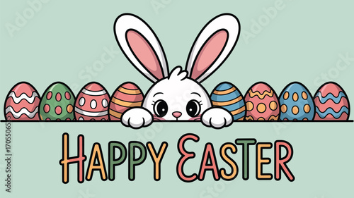 A charming easter bunny peeks over a row of decorated easter eggs, extending happy easter greetings on a light green background