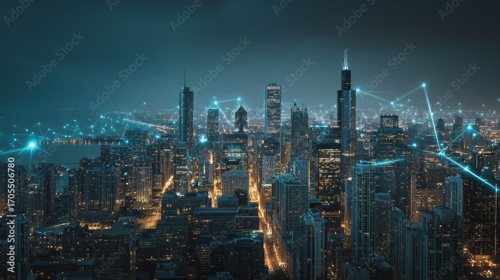 Fototapeta premium Night lights, a city of modern business and smart digital innovation with a network of interconnected rewards over the cityscape of the future smart wireless digital city and social media network 