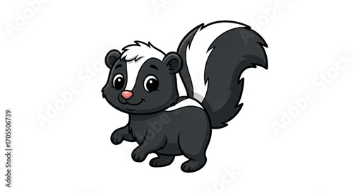 Cute cartoon skunk with white stripe on its back and tail.