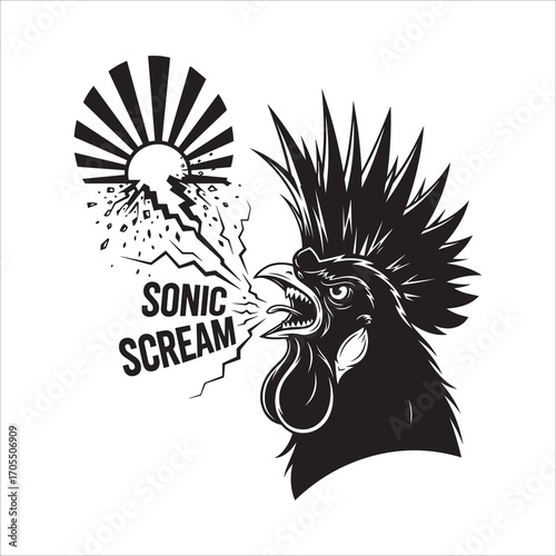 Vector art of rooster sonic scream in black and white