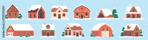 Christmas country houses. Seasonal holiday decorations on wooden countryside buildings. Village cottages, cabins with garlands and wreath, racy vector clipart