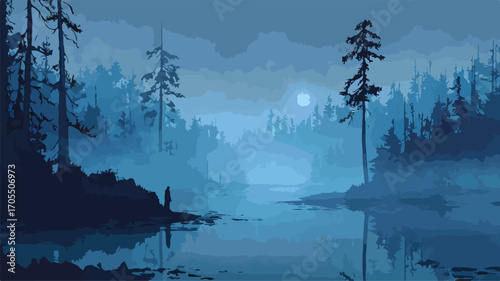 Moonlit Lake Surrounded by Dense Tangled Forest at Night