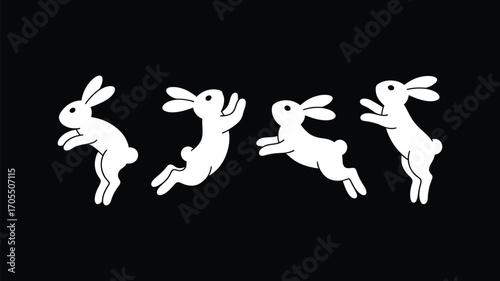 Animals objects collection featuring four white rabbit silhouettes in various jumping poses against a black background, showcasing playful movement