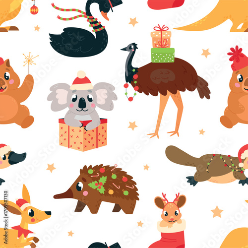 Australian animals seamless pattern. Funny kangaroo wombat koala black swan in Christmas accessories. Ostrich with gifts. Cartoon animal vector background
