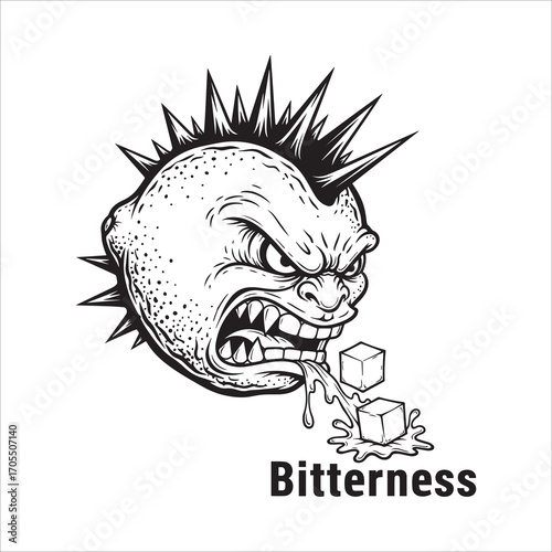 Vector art of a punk lemon with a mohawk and sugar cubes