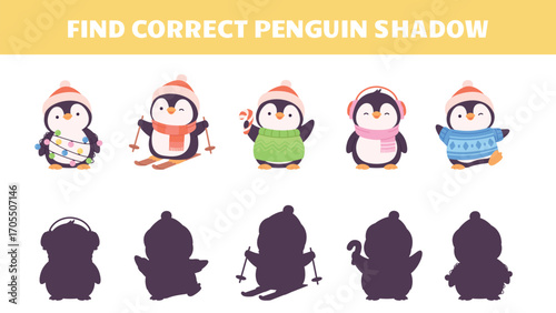 Children educational play with christmas funny penguins. Cute penguin with garland, sweets, wear santa hat. Winter holiday kids game vector template