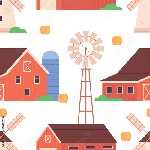 Countryside farm buildings seamless pattern. Mill, red barn, windmill. Decorative agriculture building print for fabric, textile backdrop, vector background