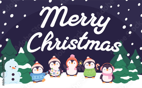 Christmas background with cute snowman. Merry Christmas printcard with snow, xmas tree, cartoon penguins with new year accessories, vector template