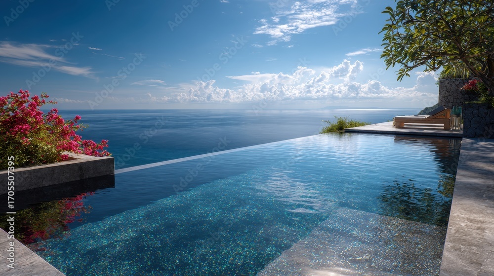 Fototapeta premium Serene infinity pool at a luxury resort with a lounge chair, pink flowers, and a panoramic ocean view.