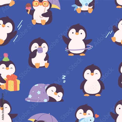 Funny penguins seamless pattern. Cartoon penguin different poses. South pole animals training with hula hoop, eating ice cream, vector background
