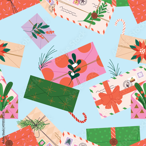 Holiday envelopes seamless pattern. Decorative christmas letters for Santa, children or friends. Winter holidays print for fabric or wrapping, vector background