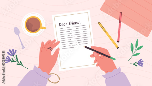 Human hands writing letter to friend. Woman addresses her friend, letter of support, wishes, holiday greetings for birthday. Best wishes vector concept