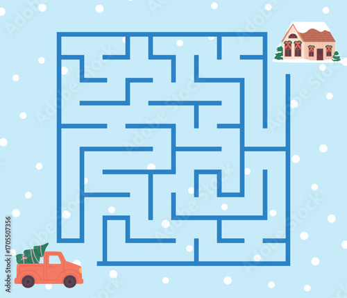 Kids maze christmas game. Help red car find path to home and delivery xmas tree. New Year location, children winter labyrinth, vector template