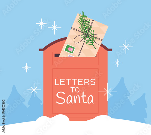 Red mailbox for Santa Claus letters. Postcard with decorative envelope in mail box. Christmas and New Year winter holidays background, vector scene