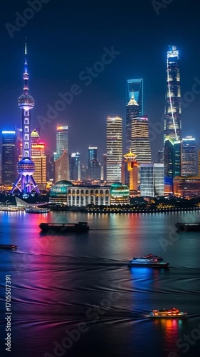 Shanghai, China Vertical over reflections on Huangpu River, Pudong skyline at midnight Time lapse Animation