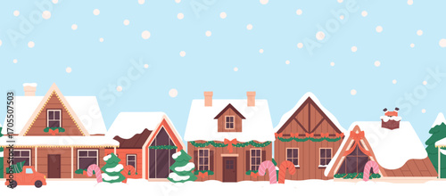 Winter holidays village. Christmas decorations on wooden cabins and countryside houses, red car with xmas tree, sweets. New Year vector seamless border