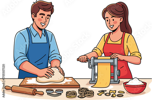 Happy couple making fresh pasta dough together, rolling dough with pasta machine, kitchen cooking activity, homemade pasta preparation, teamwork, flat vector illustration